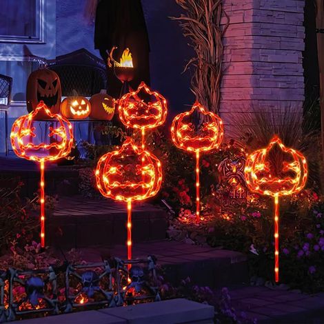 Lanternes Solaires Halloween Fantômes pour Extérieur Pack de 5, Décorations Étanches Jardin, Citrouille (1/5)