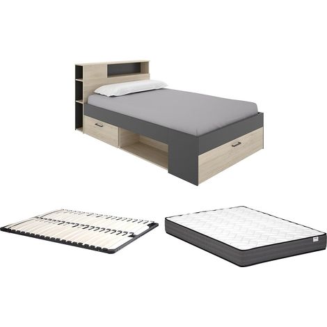 Lit avec tête de lit rangements et tiroirs - 120 x 190cm - Coloris : Naturel et anthracite + Sommier + Matelas - LEANDRE
