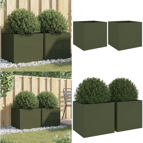 Pflanzkübel 2 Stk. Olivgrün 49x47x46 cm Stahl - Blumentopf - Stahltöpfen - Gartendeko - Balkonpflanzen - Hochbeet - Home & Living (1/5)