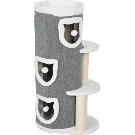 Tiragraffi per gatti da 101 cm, a 3 livelli, con 3 cucce, pallina gioco e palo per graffiare. Realizzato in sisal e truciolato, di colore grigio. Spedizione diretta dal negozio. (1/5)
