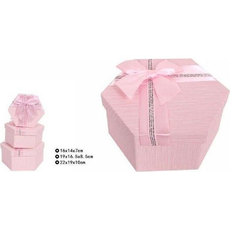 Set 3 Pièces Boîtes Cadeaux Différentes Tailles Hexagonales Rose Avec Noeud 69351