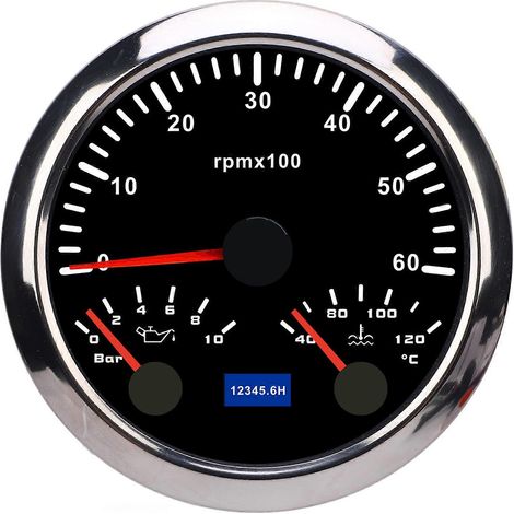 3-in-1-Drehzahlmesser (85 mm), DC 9–32 V, Drehzahlmesser bis 6000 U/min, Öldruckanzeige (0–10 bar), Wassertemperaturanzeige (40–120 °C), 7-farbige Hintergrundbeleuchtung für Auto, Boot und LKW (1/5)