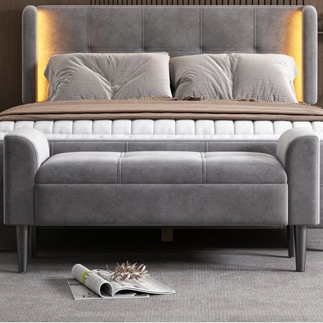 Panca da camera con braccioli, rivestimento in velluto, grigio, 116 x 44 x 56 cm DESVIAE (1/5)