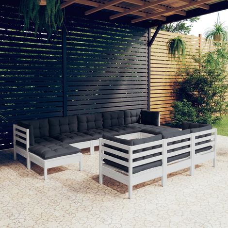 10-tlg. Garten-Lounge-Set mit Kissen Weiß Kiefer Massivholz (1/5)