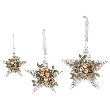 Décoration de Noël en rotin étoile avec feuilles et boules dorées à suspendre, lot de 3, grande : 30 x H. 30 cm