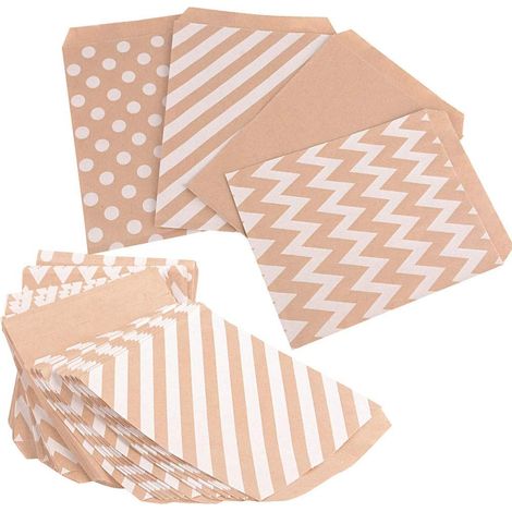 Sac En Papier Kraft - 100 Pièces - 13 x 18 cm - Fond Brun - Motif Zigzag Points Rayures - Pour Emballage Cadeau Bonbons Biscuits - Fête Noël Mariage Anniversaire (1/5)