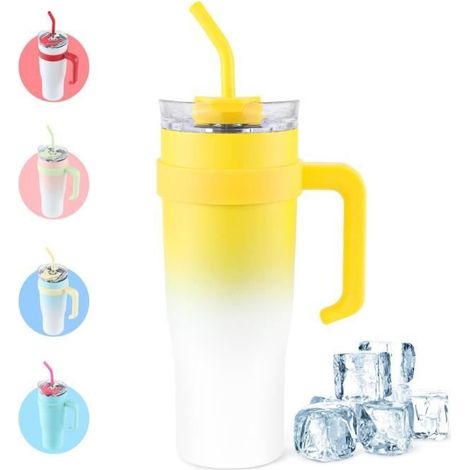 (Gelber Farbverlauf) Thermobecher – Edelstahl – 1,2 l – Gelber Farbverlauf – Doppelwandig isoliert – Mit Strohhalm und Henkel (1/3)