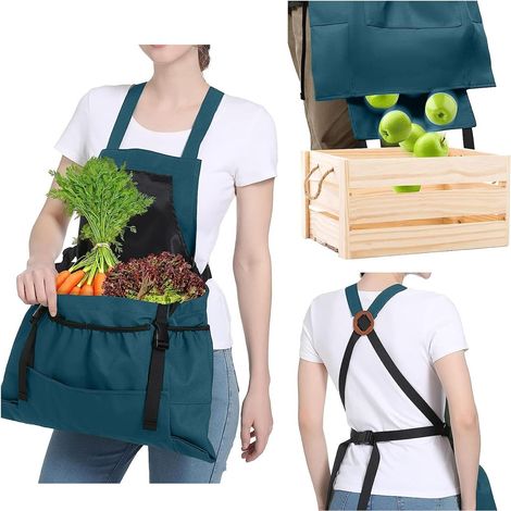 1 - Tablier De Jardinage - Sac De Cueillette - Ouverture Rapide Et Grande Capacité - Pour Fruits Et Légumes - Hommes Et Femmes - Bleu Vert