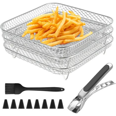3 Pièces Grille Air Fryer, Acier Inoxydable, Empilable 3 Couches, Coins Silicone, Pince Anti-Brûlure, Pour Friteuse Et Four