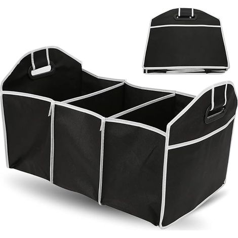 Organisateur de Coffre Voiture Pliable – 3 Compartiments XXL – Rangement Portable Maison & Auto – Poignées Renforcées – Polyester Noir)