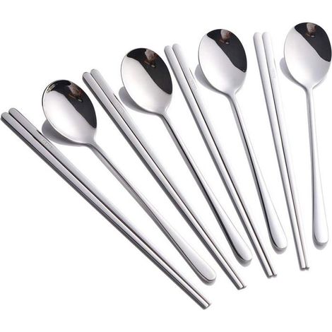 Ensemble de 4 cuillères et baguettes en acier inoxydable pour dîner, ensemble de cuillères et baguettes coréennes (8 pièces argenté (1/5)