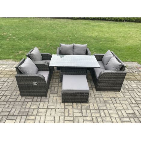 Fimous Rotin Meubles Jardin Salle À Manger En Plein Air Ensemble Patio Hauteur Réglable Table Élévatrice Amour Canapé Chaise Inclinable Avec Grand Repose-pieds (1/5)