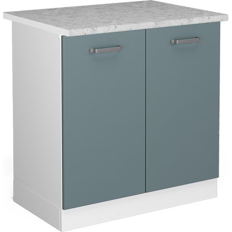 Base per lavello R-Line, Grigio-blu, 80 cm con ante, con piano di lavoro, Vicco