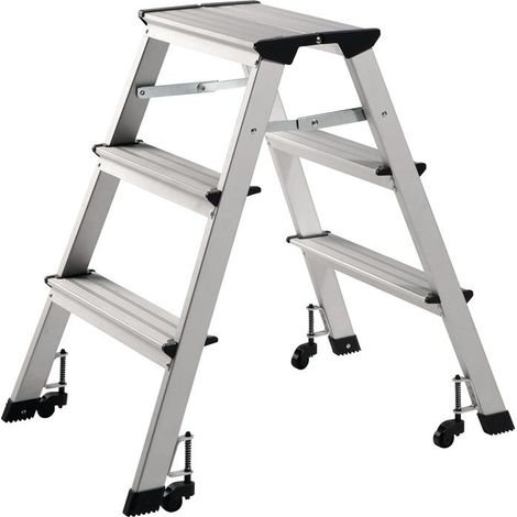 Escabeau pliant aluminium mobile – 3 marches – Charge max 150 kg – Hauteur de travail 223 cm – Pliable avec roulettes (1/3)