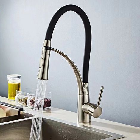 Kitchen electroplated sink single-pipe faucet, hot and cold water dual-use pull-out household vegetable wash basin rotating all-copper faucet - zinc-clad copper body brushed style