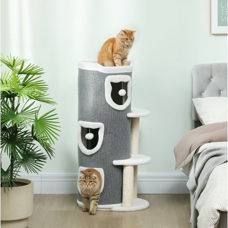 Árbol para gatos gris de 101 cm con 3 niveles, 3 nichos, juguetes colgantes y sisal HAVRYA (1/4)