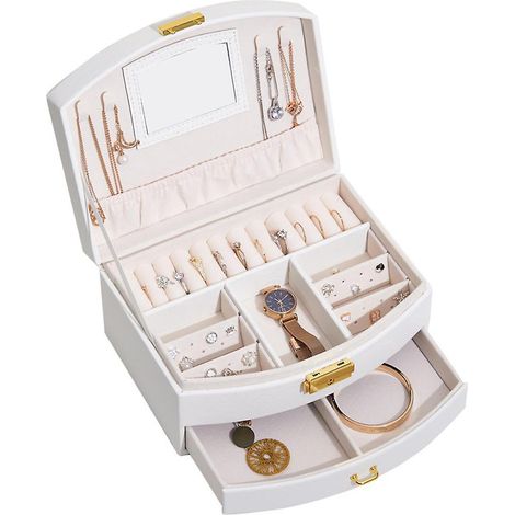 Boîte à bijoux blanche à plusieurs compartiments avec serrure, boîte de rangement pour bijoux, boîte à bijoux pour enfants, boîte de rangement de type tiroir pour boucles d'oreilles de princesse (1/5)