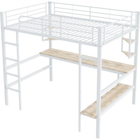 Cama alta de metal blanco 90x200 cm con escritorio, estantería y escalera (1/5)