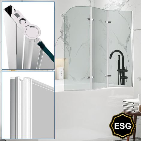 Wolketon Duschwand Badewanne 120 x 140 cm, 3-teilig faltbare Badewannenfaltwand, Badewannenaufsatz aus 6 mm ESG Sicherheitsglas, 180° schwenkbar, Silber Transparent (1/5)