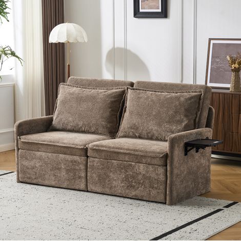 Divano letto 172.5x71x95 cm, schienale regolabile a 5 posizioni, tasche laterali, porta USB, ciniglia marrone (1/5)