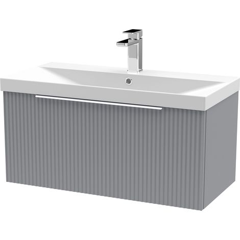 Tixall Fluted 1 Drawer Wall Hung Vanity Unit with Thin Edge Basin, Satin Grey, 800mm (1/4)