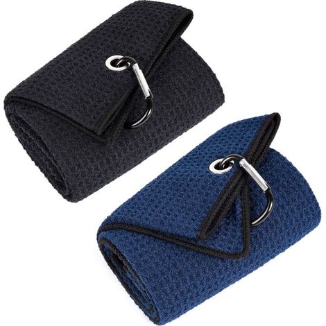 Asciugamano da golf in microfibra di alta qualità con motivo in rilievo e chiusura a strappo. Asciugamano da golf unisex, 40 x 60 cm (nero e blu navy). (1/4)