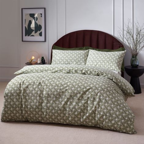 Parure De Lit – Housse de Couette en Coton Riche Tissage Panier Aquarelle aux Tons naturels (Olive - Taille UE - Double - 200x200cm) (1/4)