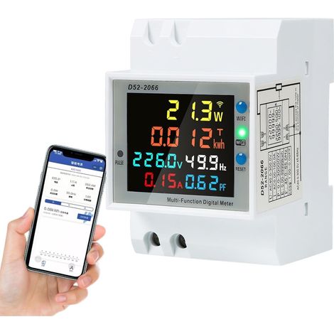 Jadeshay WiFi Compteur d'Énergie Monophasé, 6 en 1 Compteur Electrique Wattmetre Wifi LCD Voltmètre Ampèremètre Numérique pour Rail DIN Compteur KWh AC40-300V 100A(CT Intégré) (1/5)