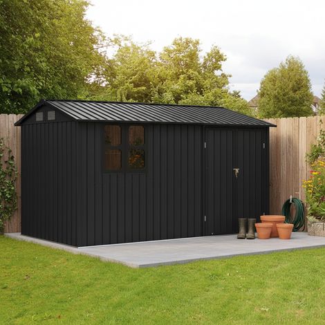 Abri jardin métal noir 10,34m², porte serrure, table et étagères