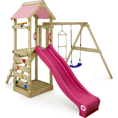 WICKEY Parco giochi in legno FreeFlyer Giochi da giardino con altalena e scivolo Torre d'arrampicata da esterno con sabbiera e scala di risalita per bambini - rosa pastello