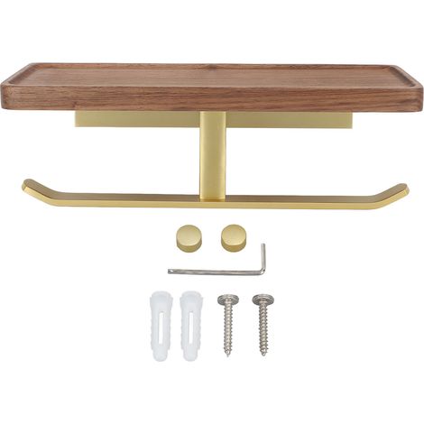 Toilet Paper Holder with Shelf Aluminum Alloy Walnut Paper Holder Easy Installation Space Saving Tissue Roll Holder for Bathroom Kitchen Type 2 (1/5)