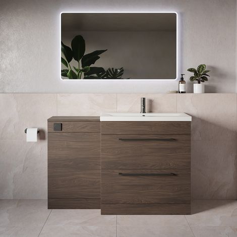 Napoli 390 Brown Oak 1300mm 2 Drawer Vanity Unit Toilet Suite with Glide Basin - 1300mm - Gunmetal Grey 480mm HandleWithout Kingston Toilet Pan