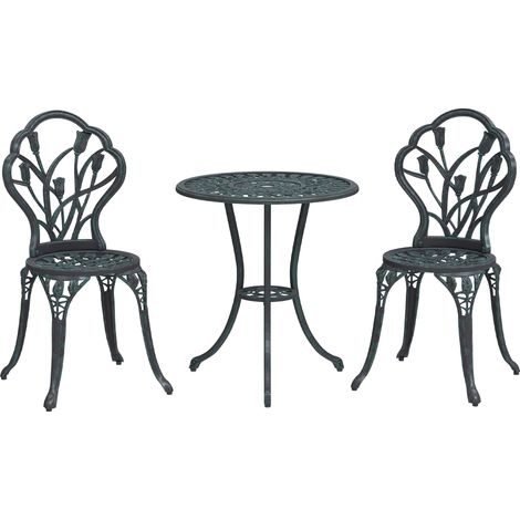 Ensemble salon de jardin 2 places 2 chaises + table ronde fonte d'aluminium imitation fer forgé vert (1/5)