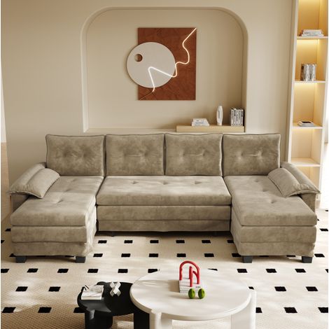 FloraGrace Canapé lit modulable U, 278 x 127 x 87 cm, chenille, 4 coussins, USB, accoudoirs amovibles, camel (1/5)