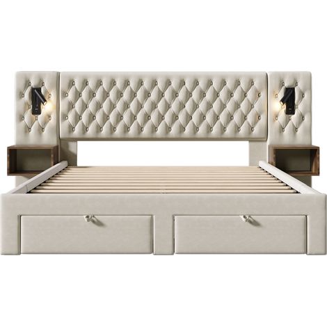 GagaLit coffre AB30260890B 160x200 cm velours beige, 2 chevets, LED, USB (1/5)