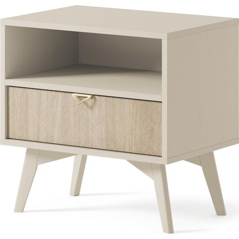 Comodino: Beige sabbia / Spina di pesce scandi, gambe in legno, 54 x 54 x 38 cm (1/5)