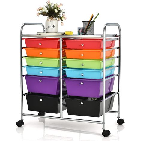 COSTWAY Chariot de Rangement à Roulette 12 Tiroirs en PP, Tour de Rangement avec Tablette, Cadre en Métal, Desserte Meuble Tiroir pour Cuisine, Salle de Bain, École, 64x38x75cm (1/5)