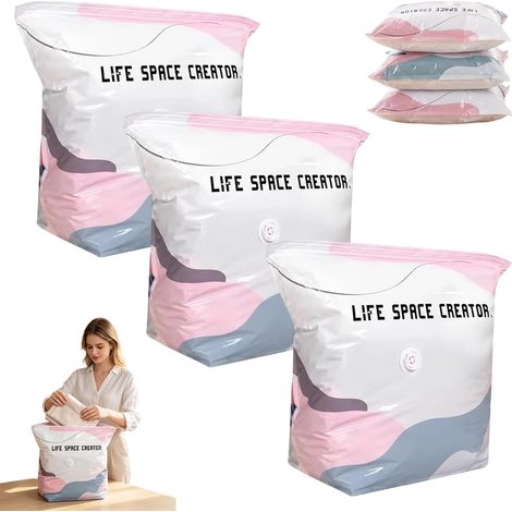 Sacs De Compression Sous Vide Réutilisables, 3 Pack Sacs de rangement sous vide sans pompe, Sac Sous Vide Vetement Aspirateur Cube, No-Pump Large Vacuum Storage Compression Bags, Couvertures et Voyage (1/4)
