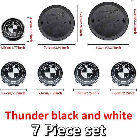 (45-74-82-56x4, Chine continentale) - Convient pour BMW : logo Thunder noir et blanc, emblème de capot avant, badge arrière, cache-moyeu de roue, autocollant de volant (1/5)