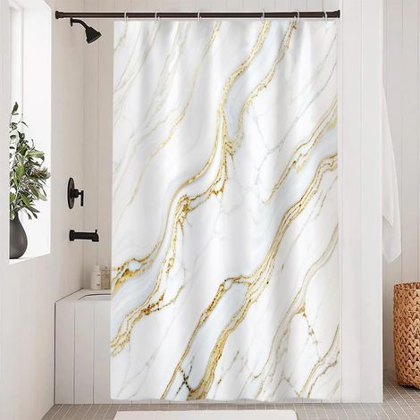 Rideau Douche Anti Moisissure, Rideau de Douche 120x200cm Blanc Effet Marbre Bleu Jaune Rideaux de Baignoire Tissu Lavable Imperméable Polyester Rideaux Salle de Bain avec 8 Crochets (1/5)