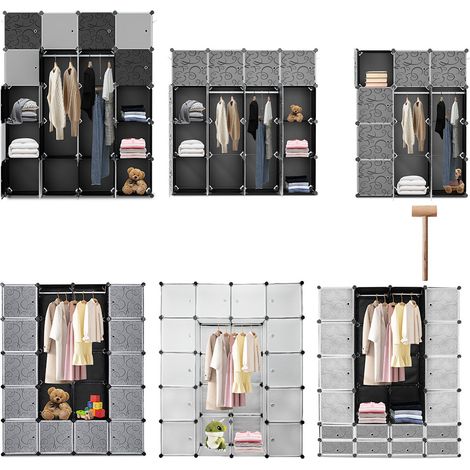 Wolketon Armario ropero modular 20 cubos 180x142x37 cm PP negro y blanco con 2 barras (1/5)