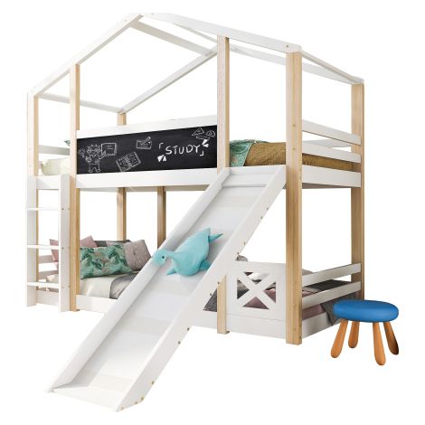 Lit cabane pour enfant avec échelle — Lit surélevé — Sommier à lattes double rangée — Finition bois naturel et blanc