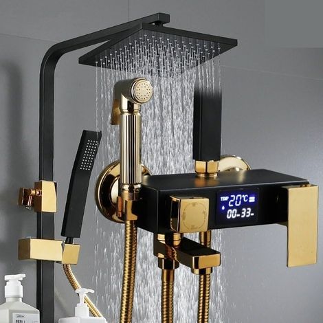 Ensemble de douche mitigeur thermostatique intelli Pommeau de douche noir à affichage numérique thermostatique intelligent, ensemble de douche à main en or noir, système de douche de salle de bain ( C (1/5)