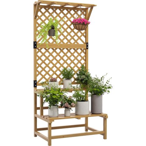 Support à plantes/étagère à fleurs à deux niveaux, avec treillis et auvent, en bois de cèdre, 75 x 50 x 166 cm, jaune (1/5)