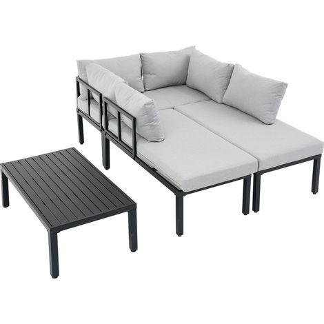 Ensemble repas de jardin, ensemble de mobilier de jardin, ensemble de fauteuils lounge de jardin avec cadre en fer galvanisé, 6 places, pieds réglables, dossier amovible, canapé modulaire, plateau de 