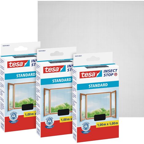tesa 3er Pack Fliegengitter Insektenschutz für Fenster - einfache Montage mit Comfort-Klettband - zuschneidbar - anthrazit - 1m x 1m