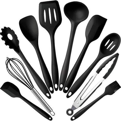 Juego de 10 utensilios de cocina de silicona, que incluye sartenes antiadherentes, utensilios de cocina, espátulas, cucharas, palas y cucharas para servir. (1/5)