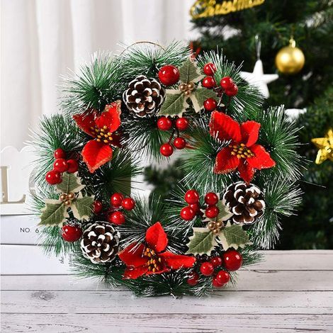 Weihnachtskranz für die Haustür, kunstvolle Weihnachtsdekoration, Thanksgiving-Kranz, dekorativer Kranz für drinnen und draußen mit drei roten Blüten und Tannenzapfen, 32 cm (1/3)