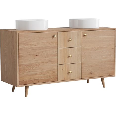 Mobile bagno in rovere massello con lavabo da appoggio rotondo Naturale chiaro 145 cm - ZARENO (1/4)