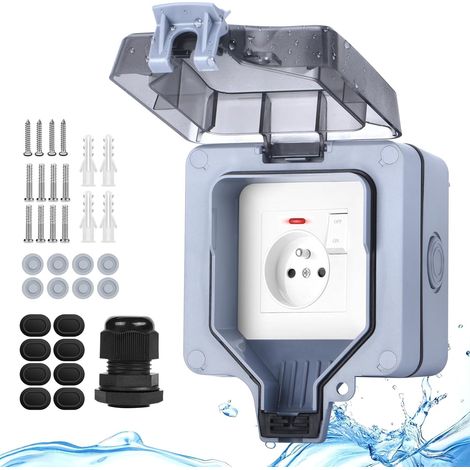 Prise extérieure étanche IP66, Prise etanche saillie avec interrupteur lampe, Prise de jardin courant électrique extérieure verrouillable, murale coffret boitier individuelle-gris (1/5)